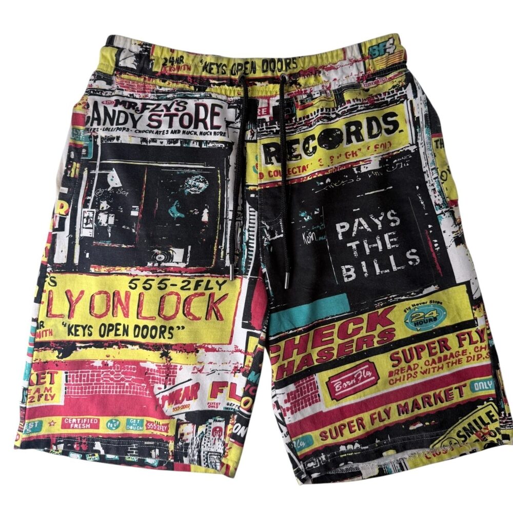 Born Fly Mens Large Multicolor Market Graphic Cotton Shorts